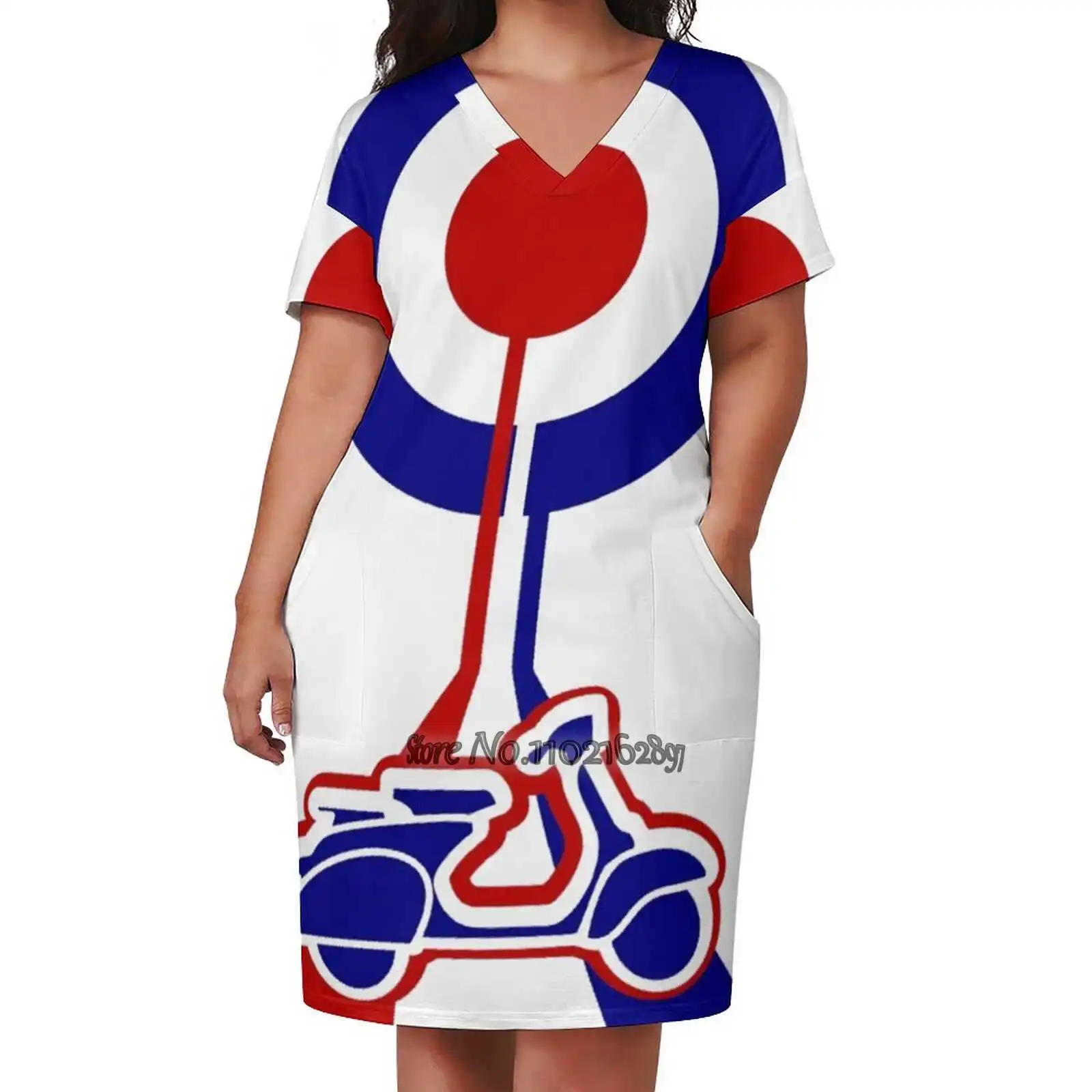 Retro Mod Target And Scooter Art Design Print Dress Short Sleeve V-Neck Fashion Skirt Thin Short Sleeve Skirts Mod Mod Culture