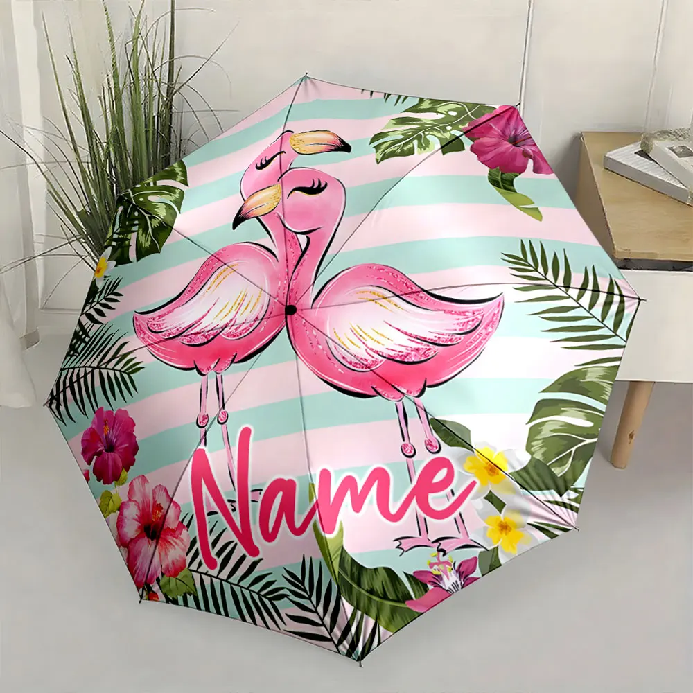 Custom Name Pink Flamingo Umbrella with Tropical Floral Design Print 8 Iron Ribs Folding Umbrella, Auto-Open Fashion Sunshade