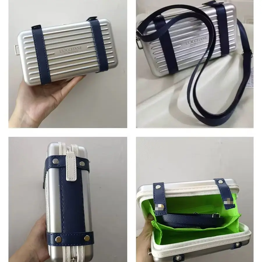 Loccitane ABS Hard Shell Cosmetic Bag Silver Metallic Paint Vertical Stripe Pressure Resistant Detachable Adjustable Dark Blue P view 5