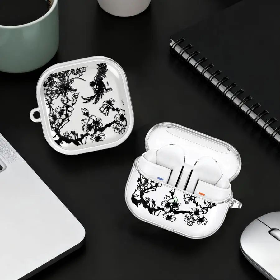

Case For Samsung Galaxy Buds 4 Pro 3Pro 2 3 FE 2Pro 4Pro Live Clear Earphone Cases Cover With Hook Peach Tree Branches