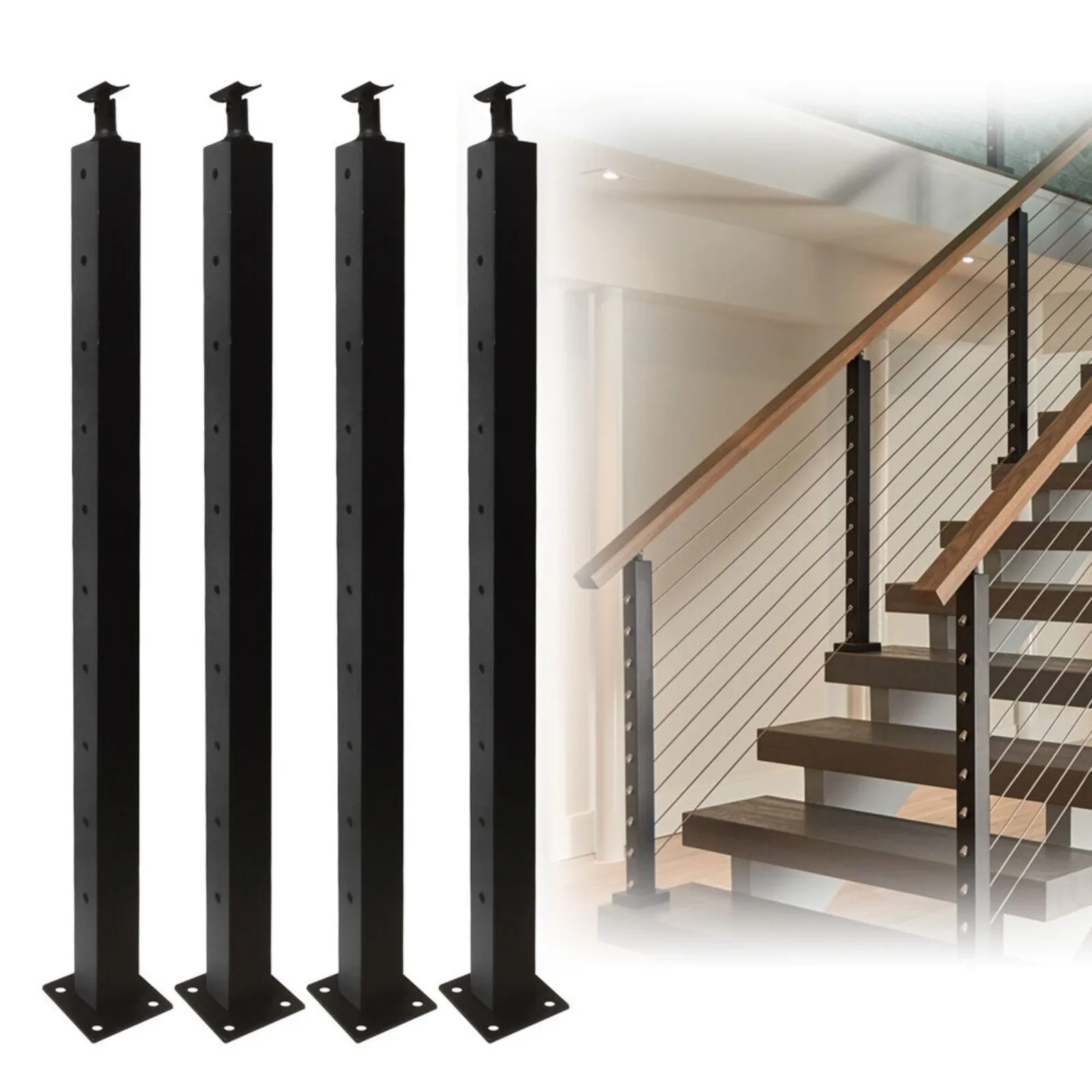 

US 4 Pcs 42x2x2" Cable Railing Post Deck Railing Post w/ Pre-Drilled Holes Black