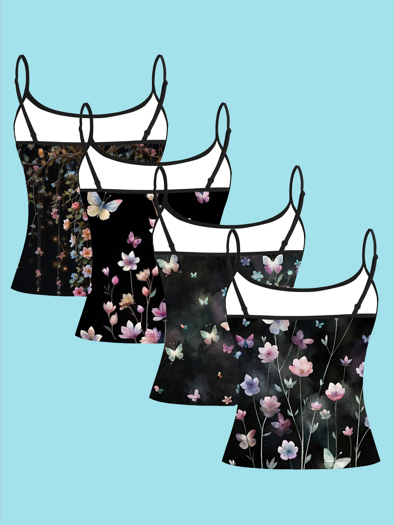 4-Piece Set of Black Background Watercolor Floral Butterfly Camisole Set, Gentle Artistic Style Women's Base Layer Tank Top
