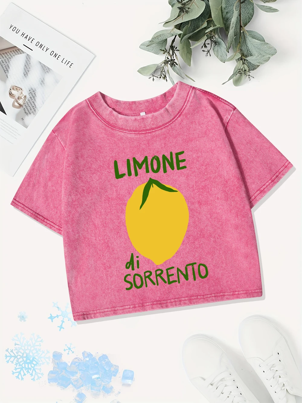 

Летние хлопковые укороченные топы, женские потертые футболки с принтом Limone Di Sorrento, уличная одежда с круглым вырезом, стандартная посадка, уличная повседневная одежда
