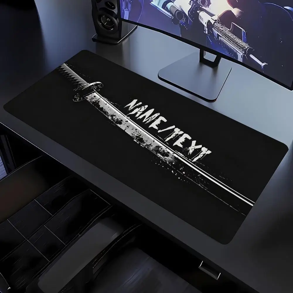 Large Mouse Pad Black White Samurai Sword Print Stitched Edge Anti‑Slip Rubber Desk Mat for Gaming Working Home Office Decor