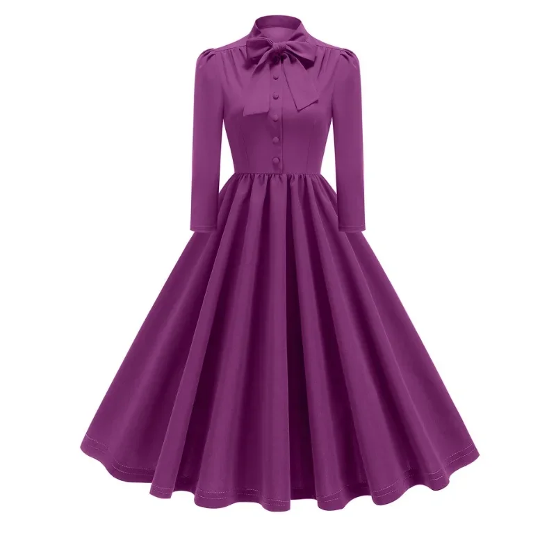 

2024 New Hepburn Retro Bow Neck Buttons Front Elegant Pleated Women Dress 3/4 Length Sleeve Autumn Clothes Vintage Swing Dresses