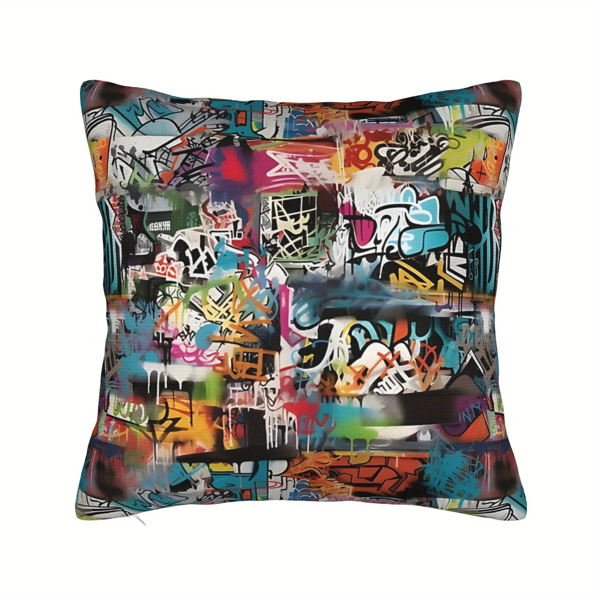 1pc 2D Flat (Pillow Not Included) Graffiti Street Art Colorful Spray Paint Cushion Cover Short Plush Urban Culture Decor Throw