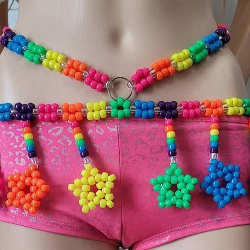 Handmade UV Star Kandi Belt Festival Rave Bottoms Waist Belly Chain Body Jewelry Female Rainbow Beaded Belt