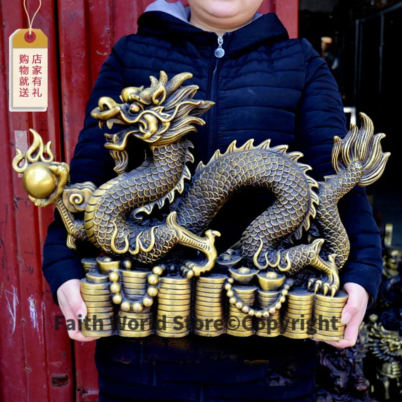 57CM large home company business Shop ZHAO CAI Talisman Money Drawing good luck royal Fortune dragon COPPER Sculpture statue