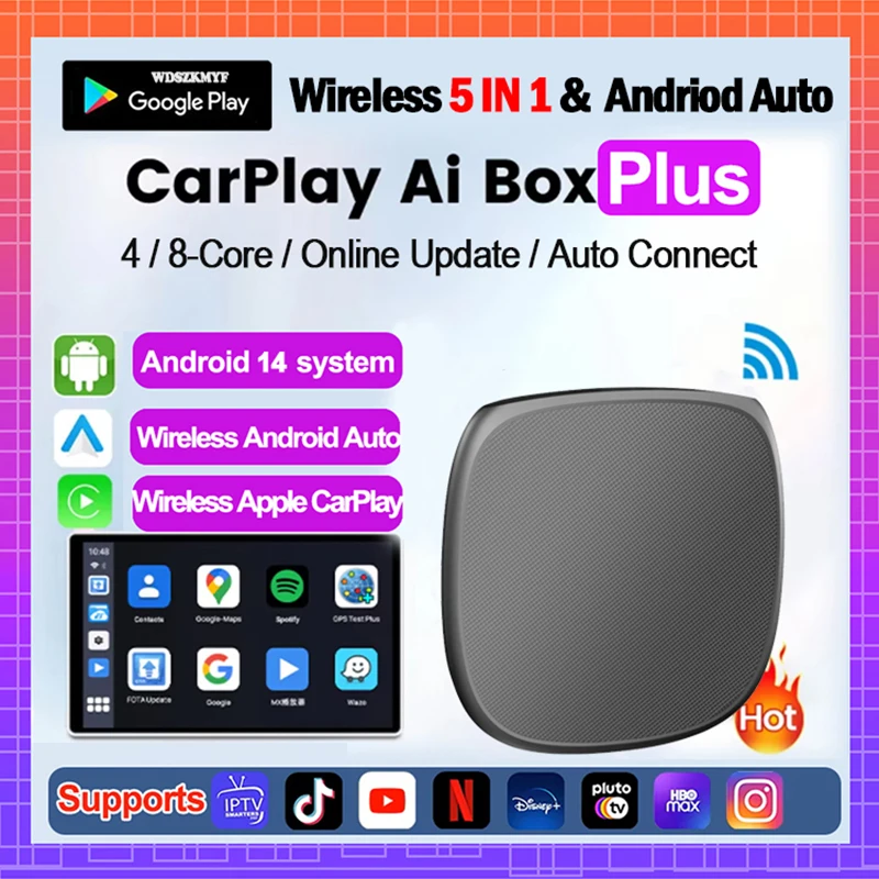 Novo carplay ai box 4/8-core android 14 sem fio carplay android auto 8 núcleos embutido play store para youtube netflix