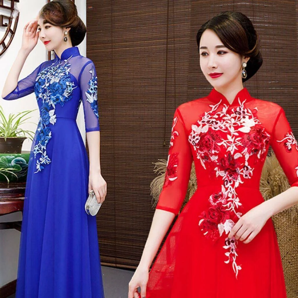 

2024 women improved qipao dress elegant lace flower embroidery cheongsam vintage banquet qipao oriental evening dress vestido