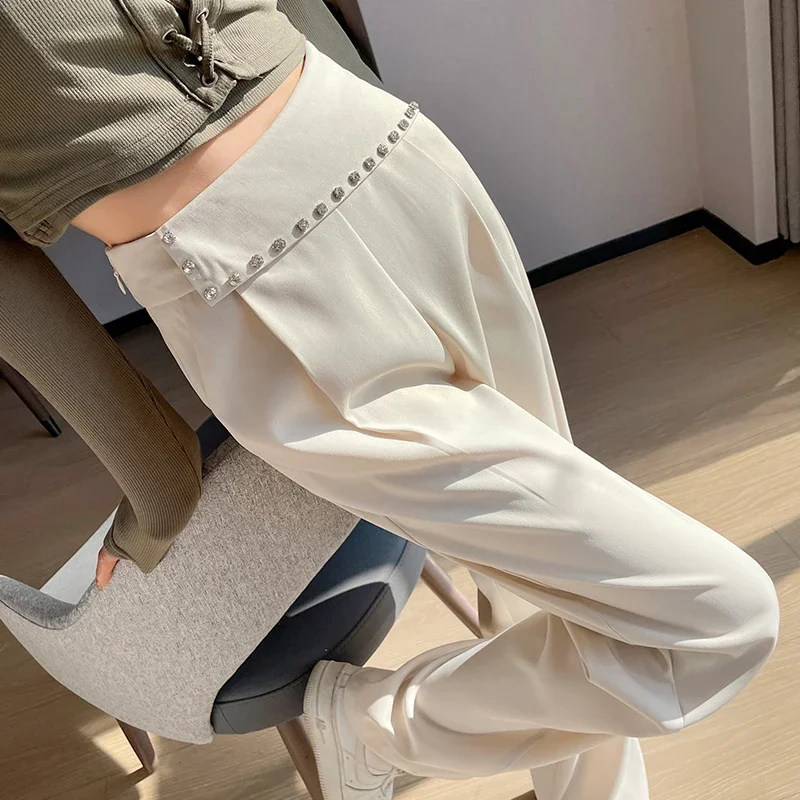 

Elegant High Waist Loose Pockets Female Wide Leg Suit Pants Spring Summer Stylish Solid Straight Trousers Women