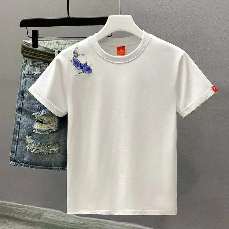 

Summer Embroidered Fish Chinese Style Short-sleeved T-shirt Men's Trendy Top Casual Loose Fashion