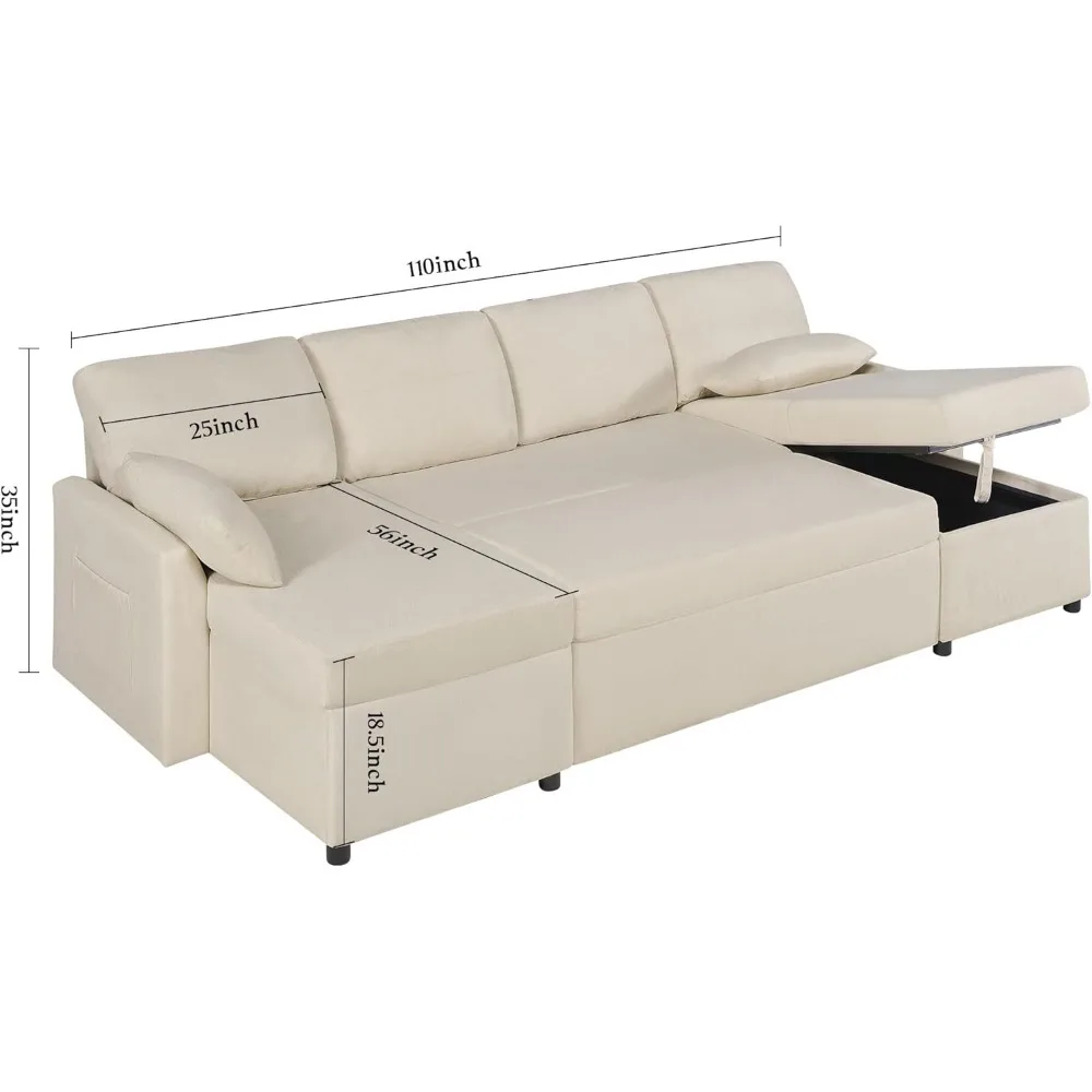 Sleeper Sofa, 110 inch Oversize - 2 in 1 Pull Out Bed, Sectional Sleeper Sofa with Double Storage Chaise for Living Room,Couch