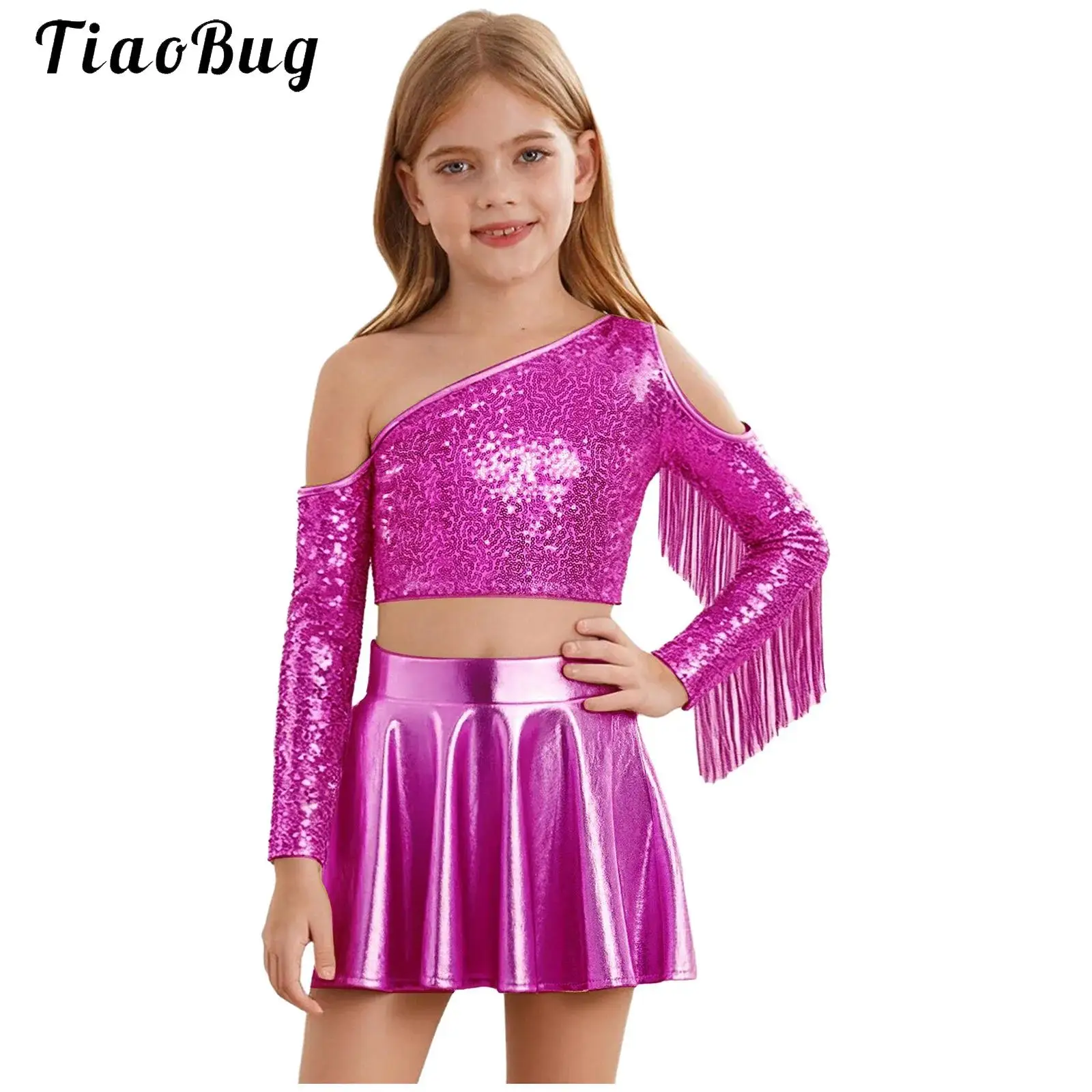 

Kids Girls Sequins Ballet Dance Sets Metallic Tassels Crop Top with Mini Skirt for Modern Latin Jazz Dancing Stage Performance
