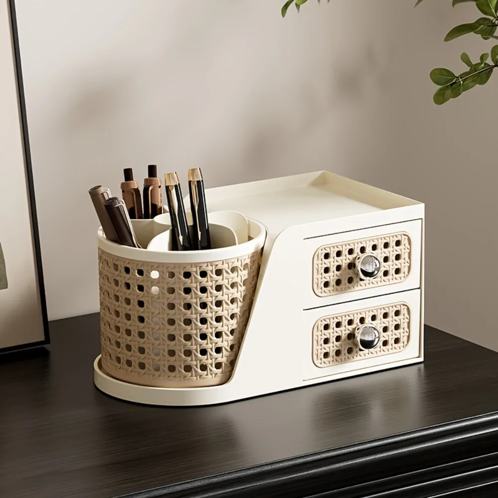 Mid-Century Modern Desk Organizer with Drawers Rattan Style Cosmetic Makeup Brush Holder for Office Home Vanity Storage Box 1pc view 3