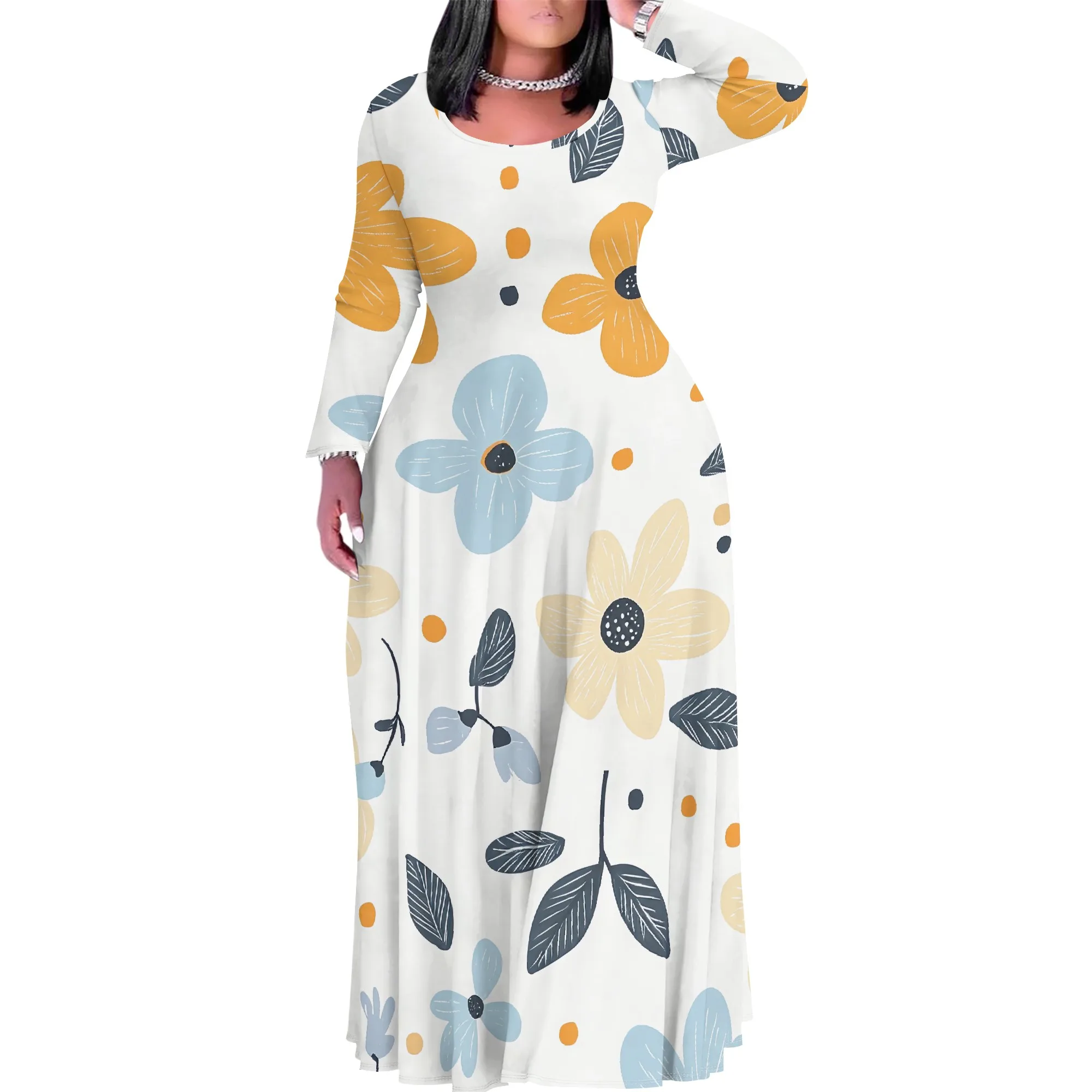 

Women's Summer/Fall Fashion Printed Long Sleeve Splits On Both Sides Maxi Dress Round Neck Long Sleeve Maxi Dress