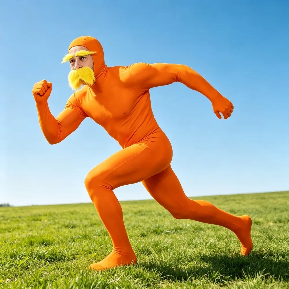 Men Orange Full Body Zentai Costume Set, Halloween Cosplay Bodysuit with Yellow Beard and Eyebrow Props for Theme Party Outfit