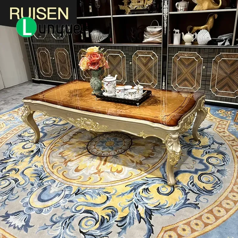 French Solid Wood Coffee Table European Luxury Carved Rectangular Center Table for Living Room Villa Home Decor Elegant