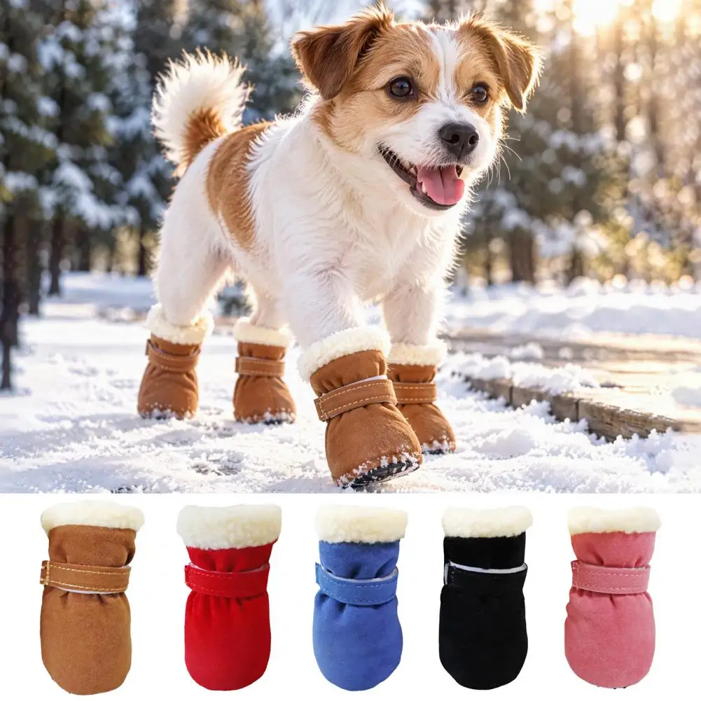 Dog Winter Boots Non Slip Pet Shoes 4pcs Winter Dog Booties with Fleece Lining Adjustable Paw Protectors Non-slip for Weather