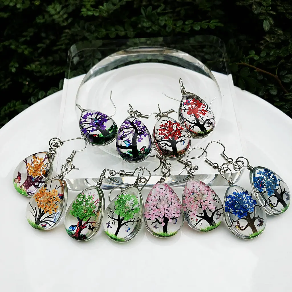 Handmade DIY Small Tree Flower Water Droplet Glass Earrings Women's Dried Flower Jewelry Forest Life Theme Pair