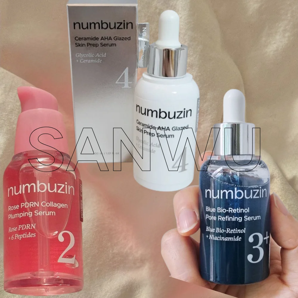 

Набор сывороток Numbuzin: №2 Rose PDRN Collagen + №3 Bio-Retinol Pore Refining + №4 Ceramide AHA Skin Prep. Корейская косметика для ухода за кожей.