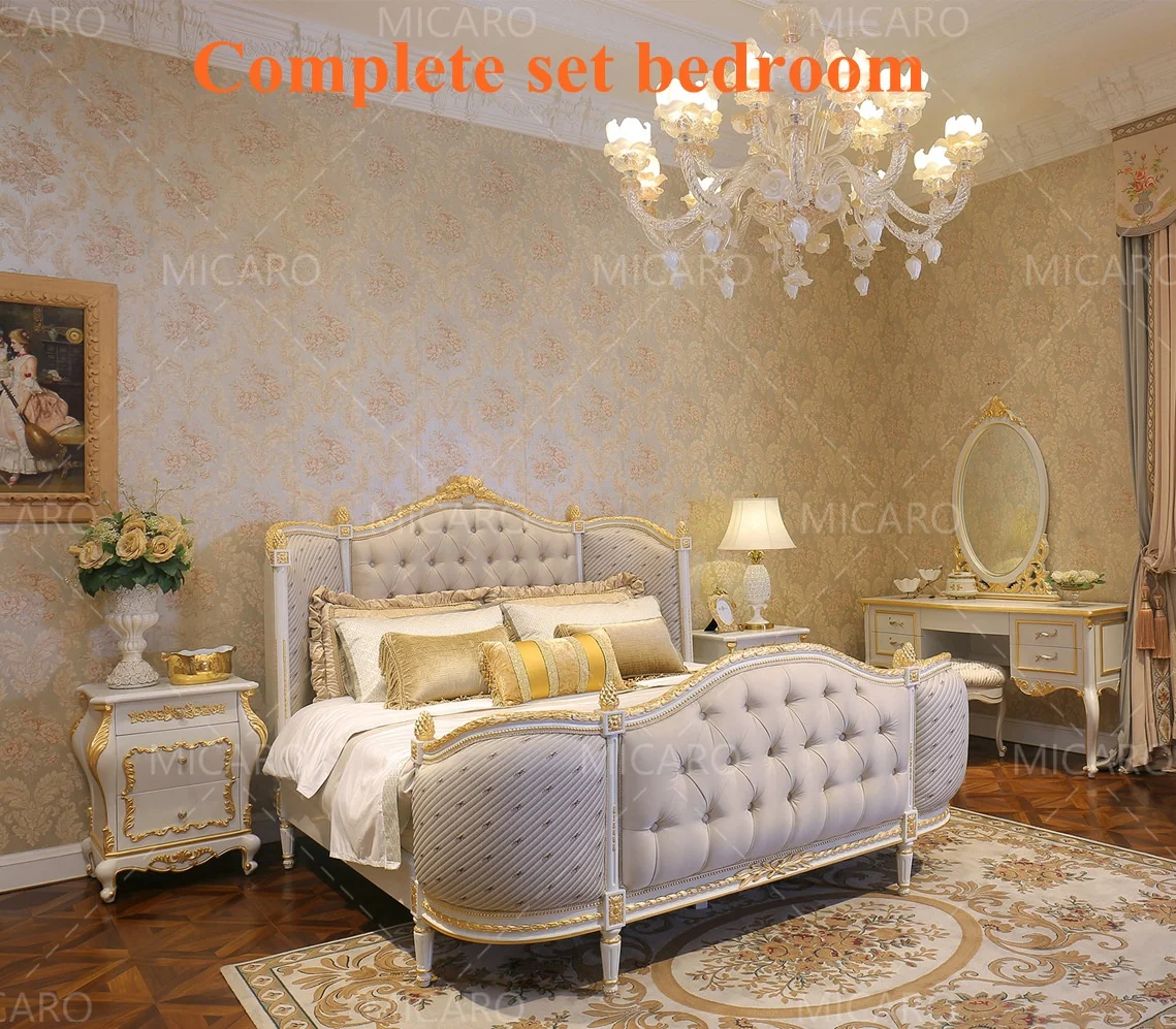 Luxury French classic antique Rococo design solid wood bedroom furniture up-holstered wooden bed