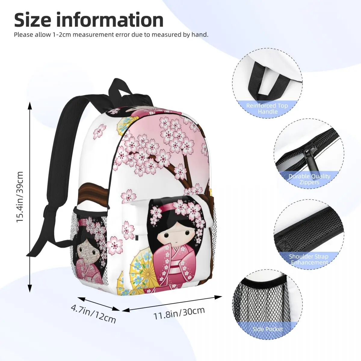 Japanese Red Sakura Kokeshi Doll Backpack Hot Sale Daypack Large Capacity Boy Girl BookBag Shoulder Bag for Men Women School Bag