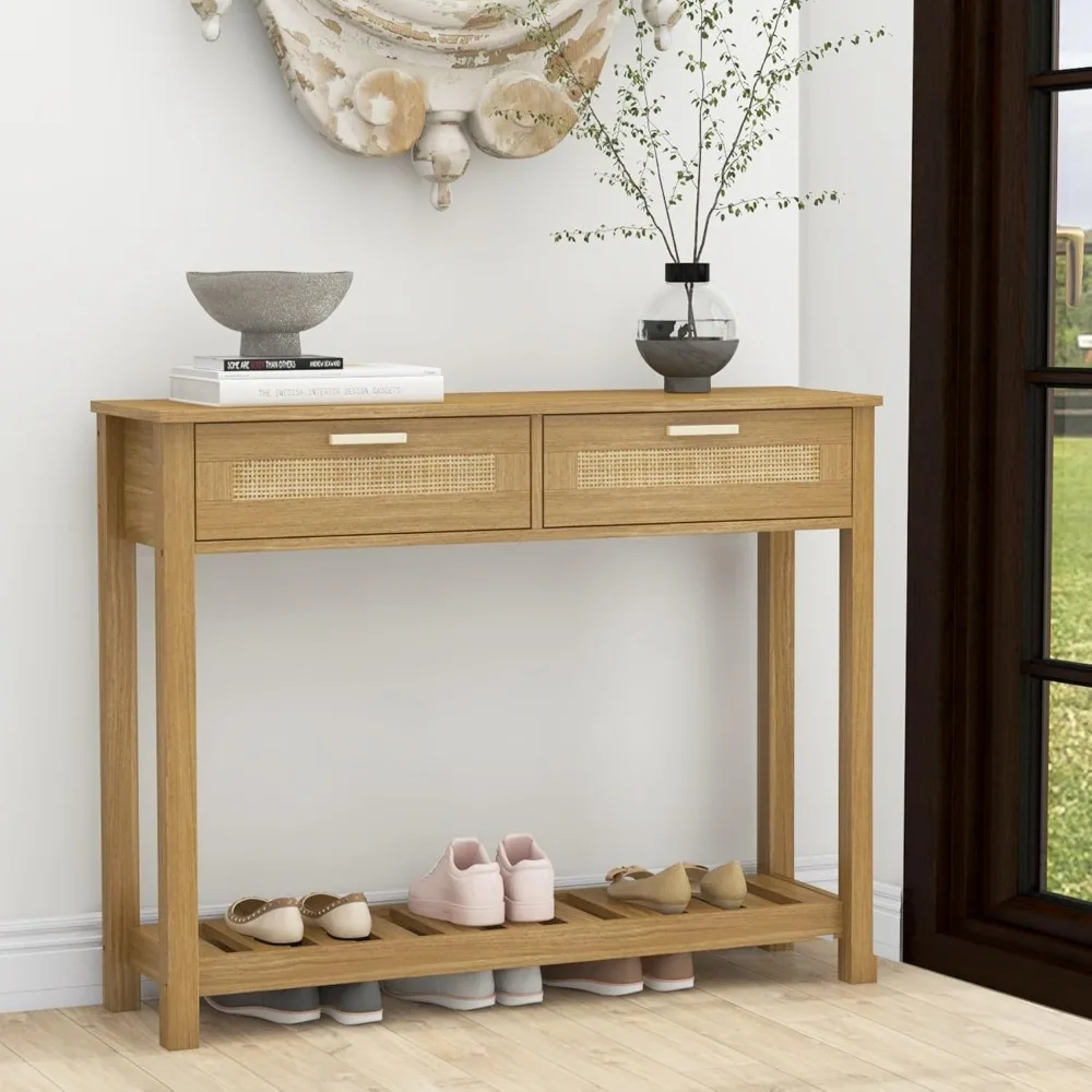 Console Table with 2 Rattan Drawers Entryway Table with Storage Shelf, Narrow Wood Small Console Tables for Entryway