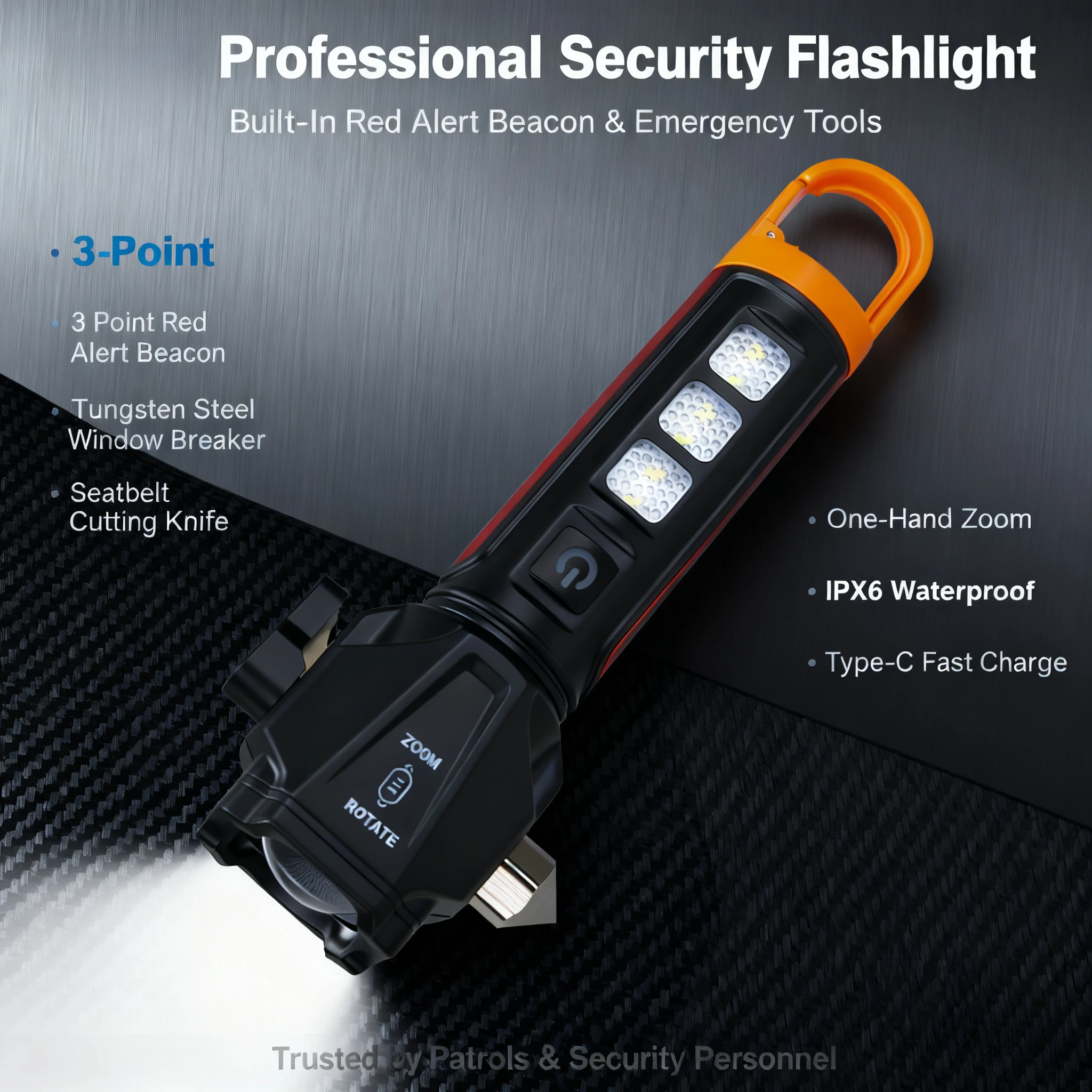 

Powerful Self Defense LED Flashlight Rechargeable Safety Hammer Torch Outdoor COB Red Light Emergency Warning Light Flashlight