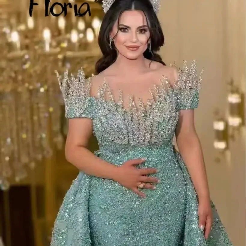 Royal floria sage verde vestido de noite com trem destacável cristais frisado lantejoulas vestido de festa de casamento noivado personalizado