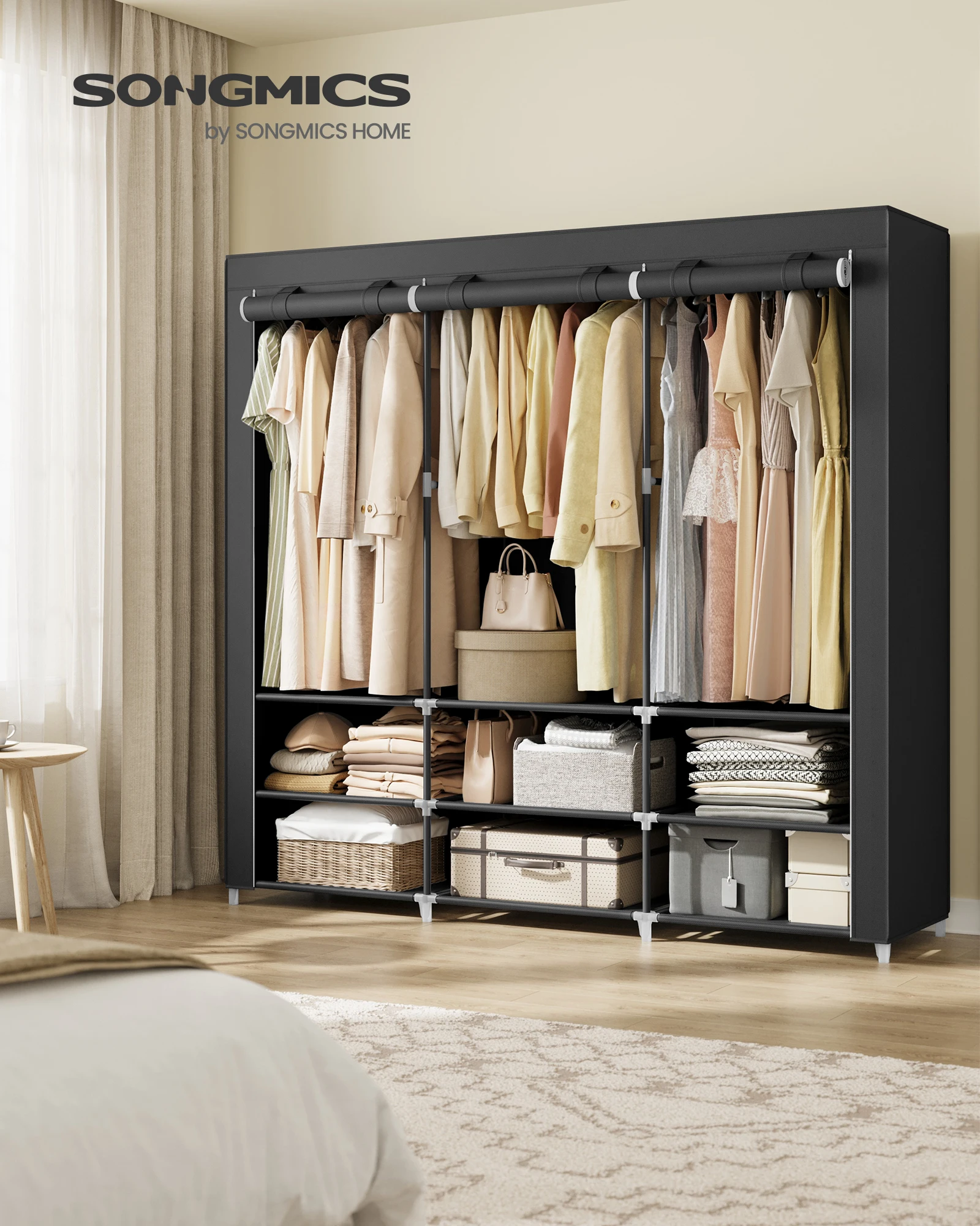 SONGMICS Clothes Wardrobe Portable Closet 45 x 188 x 176 cm 3 Hanging Rails Shelves and 4 Side Pockets Large Capacity