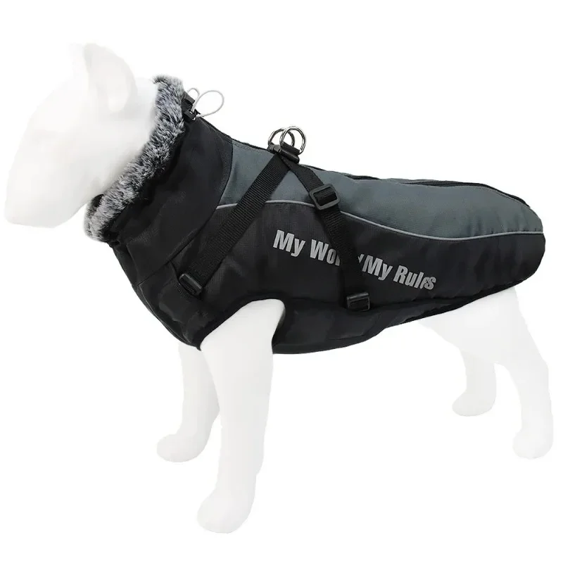 

Waterproof Large Dog Clothes Winter Dog Coat with Harness Furry Collar Warm Pet Clothing Big Dog Jacket Labrador Bulldog Costume