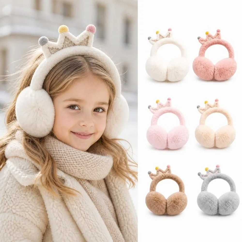 Cute Cartoon Crown Ear Muffs Soft Portable Faux Fur Earmuffs Windproof Foldable Ear Warmers For Girls