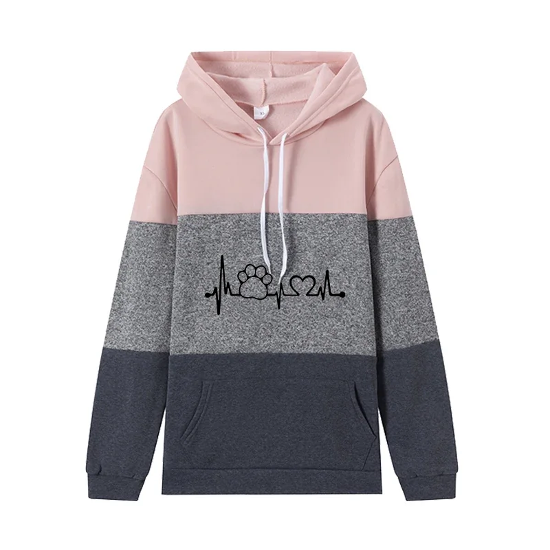 

Autumn Winter Womens Hoodies Cute Lines Printing Casual Splicing Sweatshirts Sports Jogging Tops Home Comfort Woman Clothing
