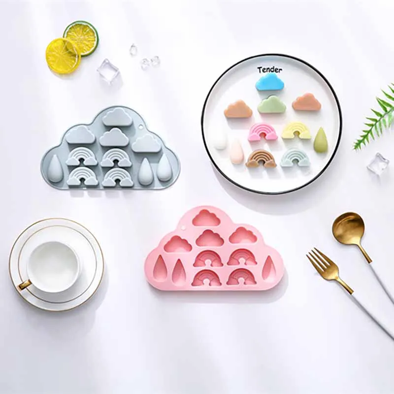 11 Grid Rainbow Clouds Raindrops Shape Ice Lattice Mold Food Grade Silicone Baking Tools Chocolate Cookie Cake Ice Cube Molds