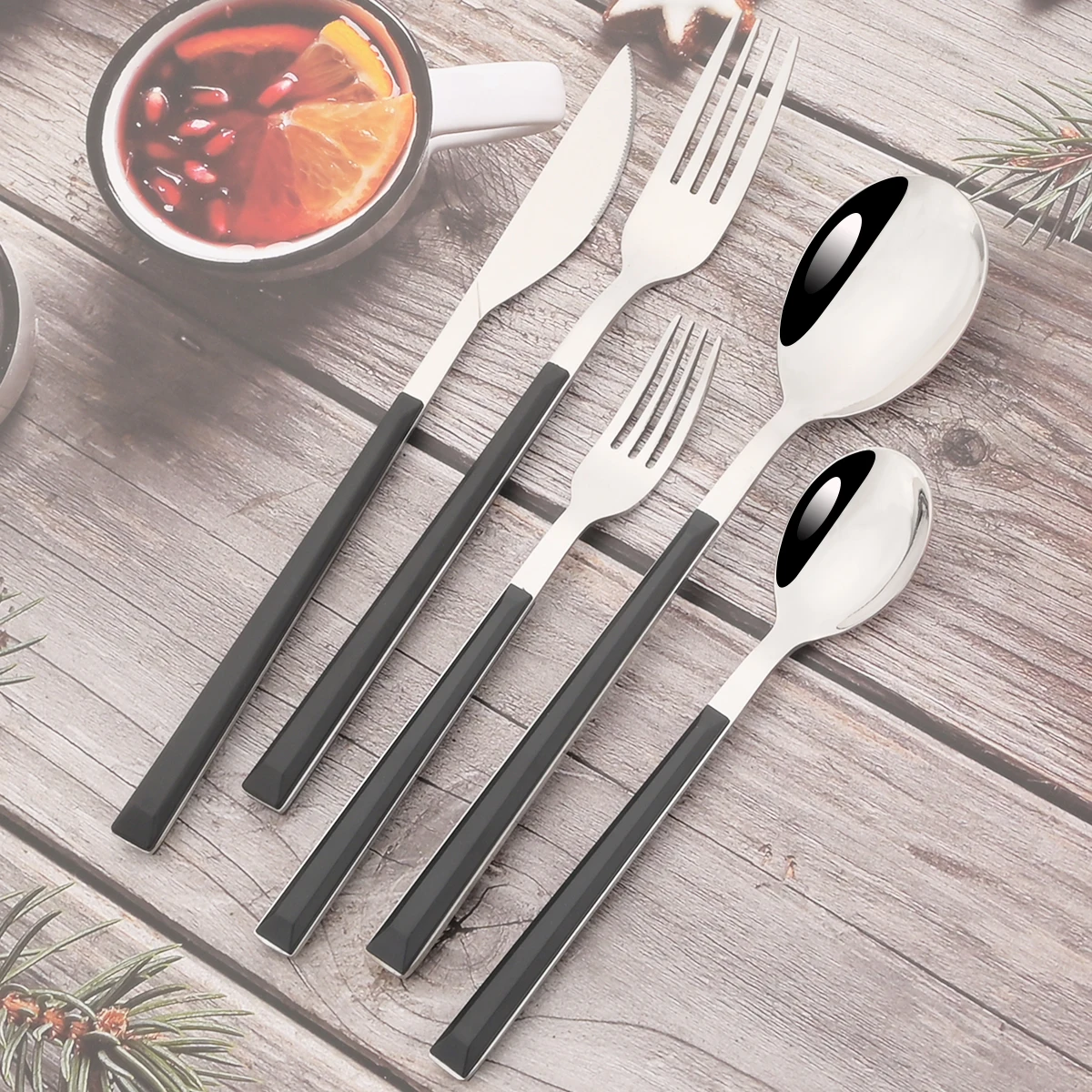 24/30Pcs Wood Handle Dinnerware Set Knife Forks Dessert Spoon Cutlery Set Black Steak Stainless Steel Tableware Kitchen Flatware