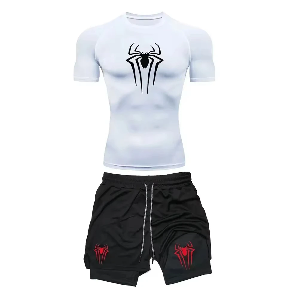 Men's Workout Compression Set  Spider Printed Gym Tshirts Breathable Running Shorts Quick Dry Sports Rash Guard Sportwear Set846