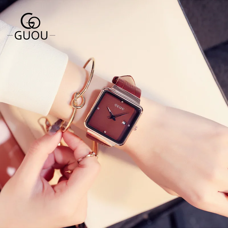 Fashion Guou Top Brand Ultra Thin Ladies Luxury Advanced Gift Square Water Resistant Calendar Genuine Leather Wrsist Watches