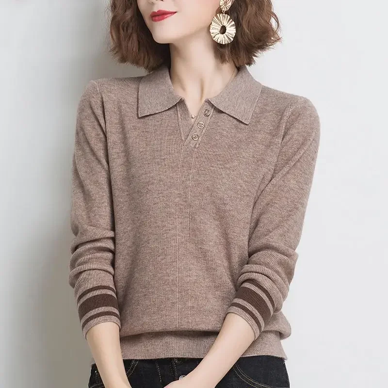 Women's Clothing Commute Polo-Neck Solid Color Sweaters Autumn Button Patchwork Office Lady Long Sleeve Loose Sweaters E270