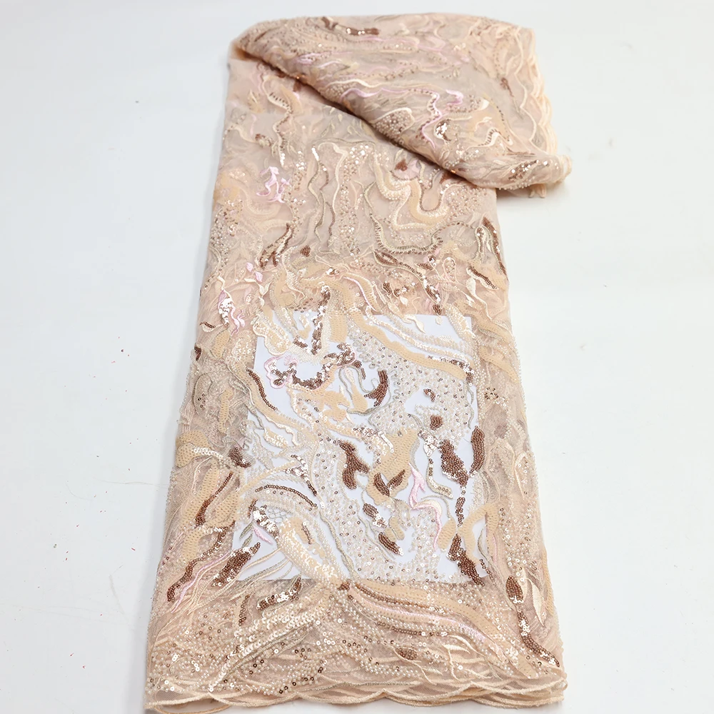 

Opulent Mesh Fabric With Wave Design Beaded Embroidery Floral Appliqués And Sequins For Wedding Gowns Evening Dresses 5 Yards