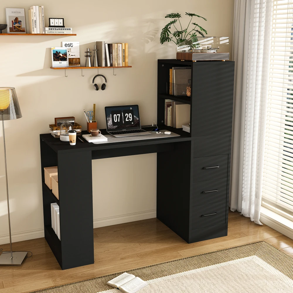 Orraves Black Computer Desk with 4-in-1 Socket, the Desk with 3 Slide Drawers and 4 Storage Levels, the Wooden Desk Is Suitable for a Variety of Places
