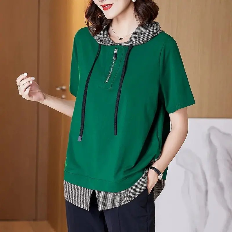 Casual Fashion Fake Two Pieces Hooded T-shirt Summer Women's Clothing Korean Zipper Spliced Female Short Sleeve Sweatshirts Tops