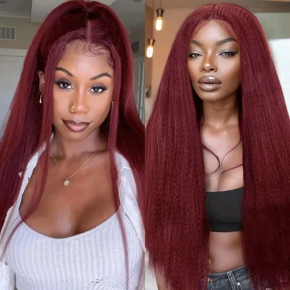 Кудрявые прямые бордовые парики спереди, человеческие волосы, прозрачные, предварительно выщипанные, 13 × 4, красный цвет, плотность 220, кружевной фронтальный парик для женщин99J