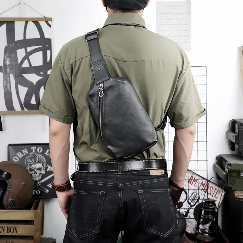 

100% Genuine Leather Men Chest Bag Casual Male Shoulder Bags Messenger Pack Travel Sporting Sling Bags, Black