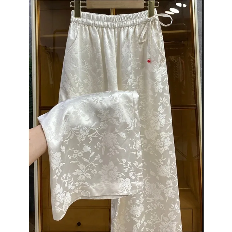 Chinese Style Jacquard Trousers 2024 New High-waisted Tie Elastic Wide Pantalones Women's Loose Drape Narrow Straight Leg Slacks