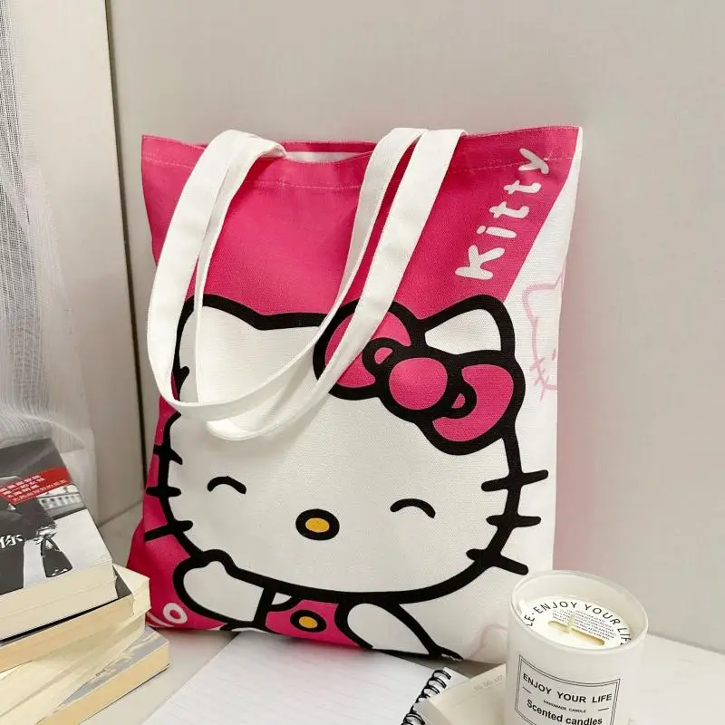 Torba płócienna Sanrio Hello Kitty o dużej pojemności, inspirowana japońskimi kreskówkami, modna torba na ramię do noszenia na co dzień dla dziewcząt.