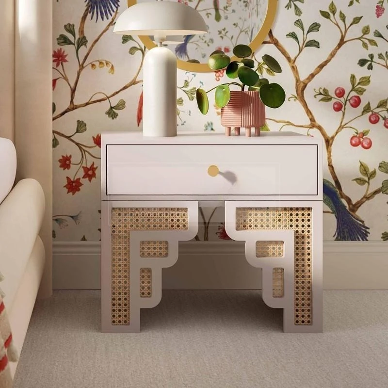 Retro-Nachttisch aus massivem Rattan für Schlafzimmer, Aufbewahrungsschrank
