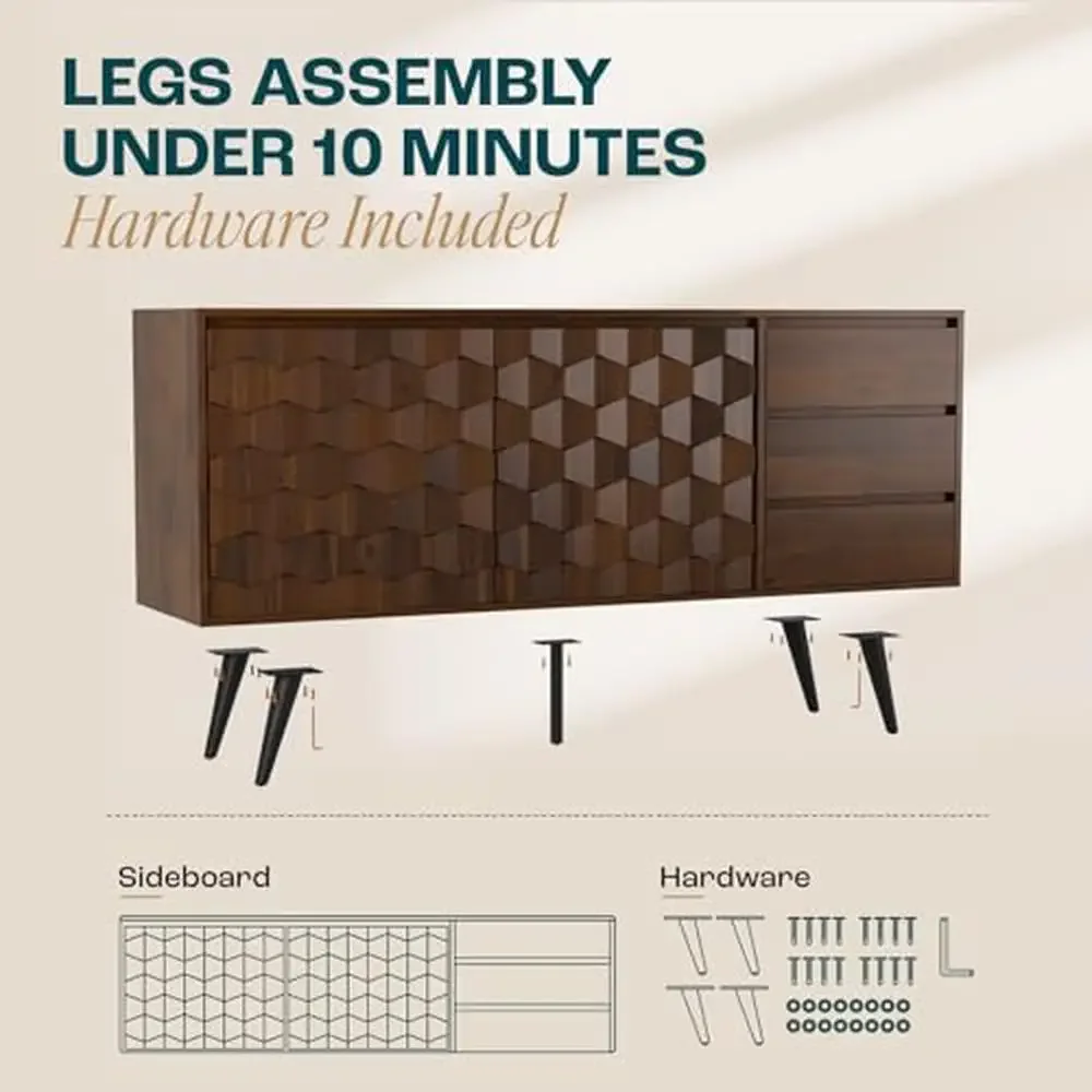 Sideboard Georgina Solid Wood 2 Doors & 3 Drawers 61'' Mid Century Modern Cabinet with Geometric Pattern Kitchen Dining Living image 3