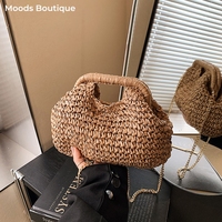 MOODS Raffia Straw Fabric Woven Top-handle Bag And Hat Set For Women Chain Shoulder Crossbody Bag 2025 Summer New Beach Handbags