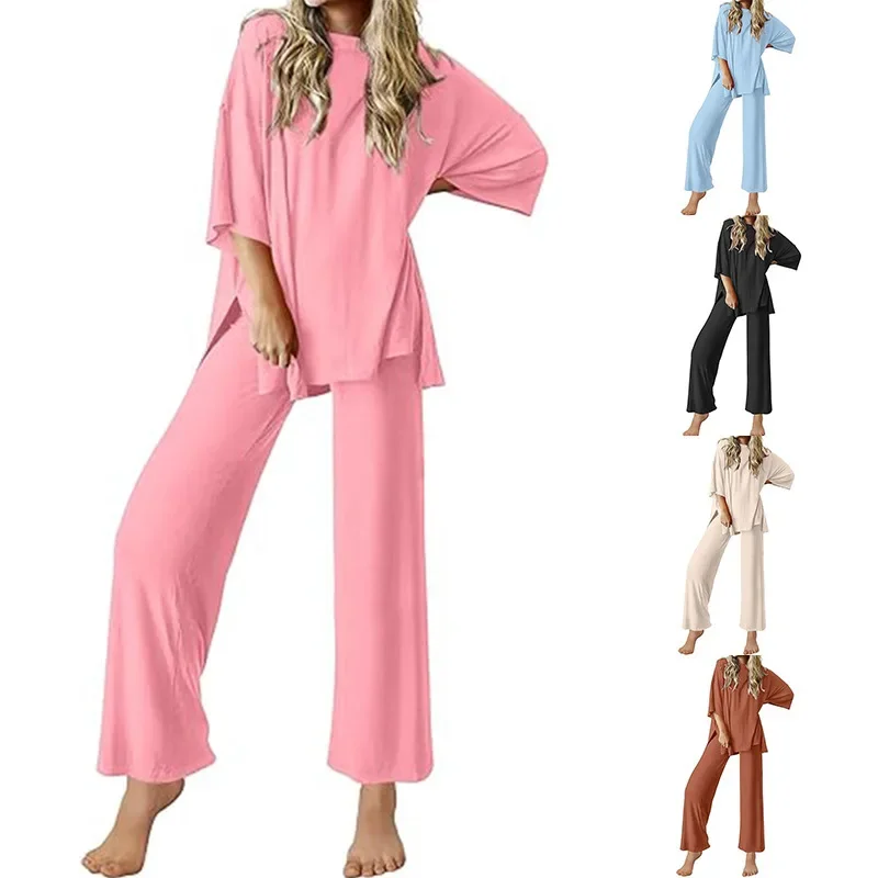 

Women Spring Wummer Trouser Set Pajama Set Solid Color High Waist O Neck Short Sleeves Wide Leg Pants Casual Fashion Comfortable